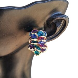 Vtg Savvy by Swarovski Jewel Toned Crystal Cluster Earrings